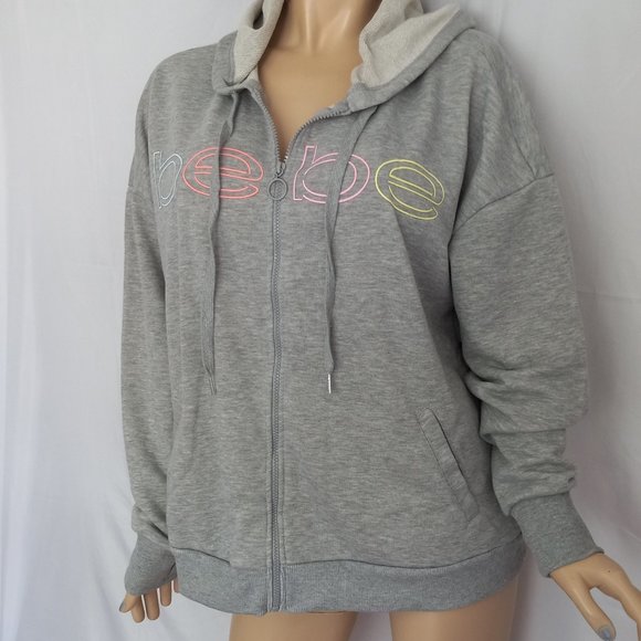 Nwt $104 BEBE Multi Color Logo Full Zip Hooded Sweatshirt Heather Grey Sz 2X - Picture 3 of 8